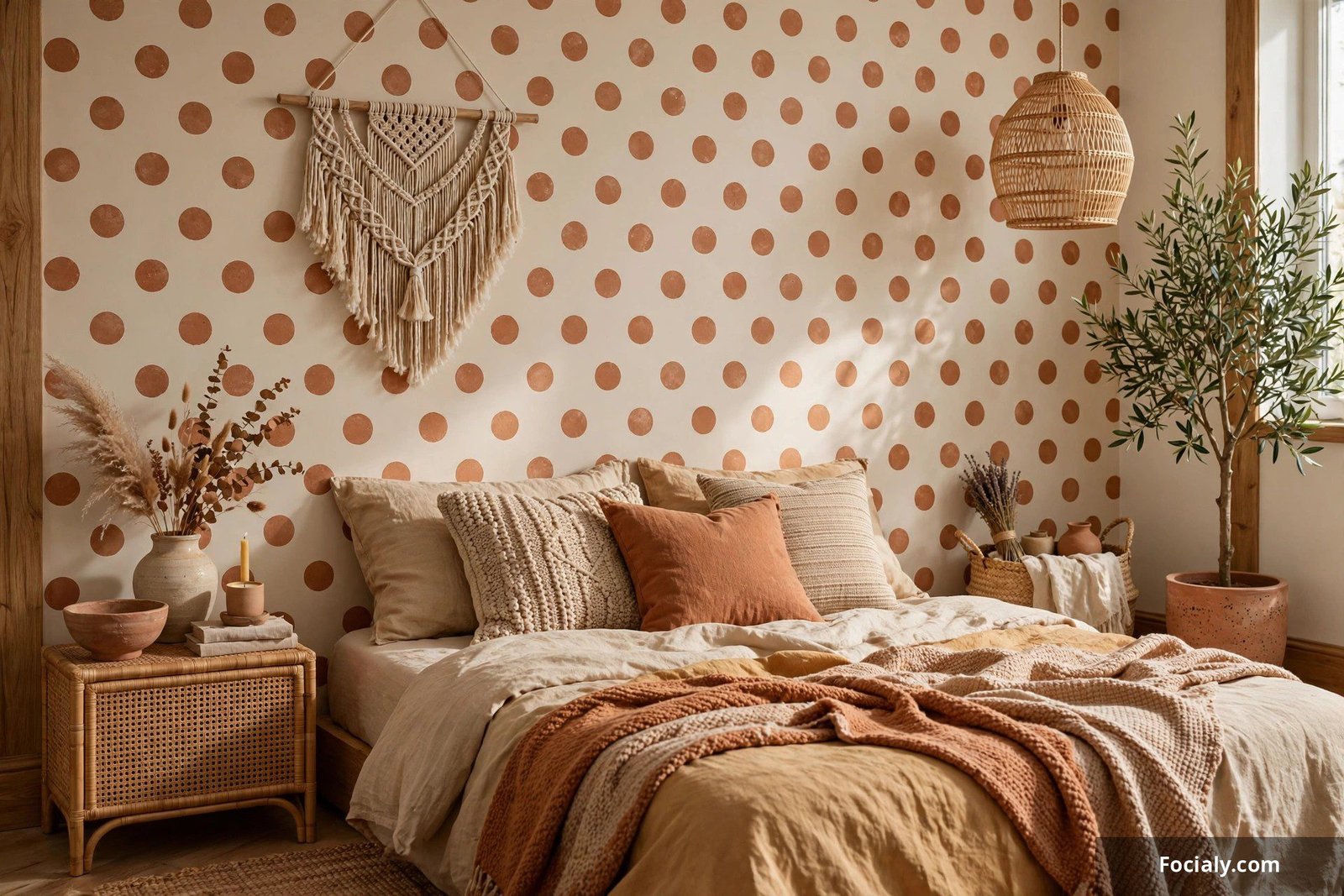 Boho bedroom wall with earthy beige and clay polka dot wallpaper