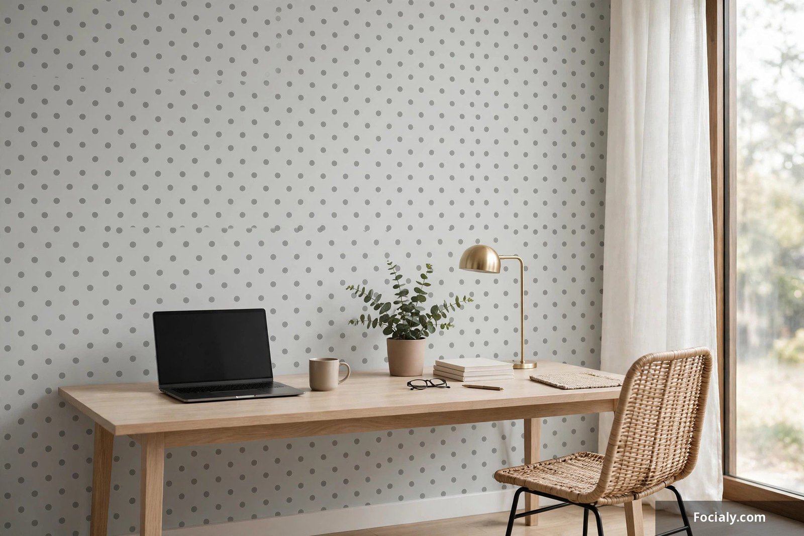 Minimalist home office wall with gray polka dot wallpaper