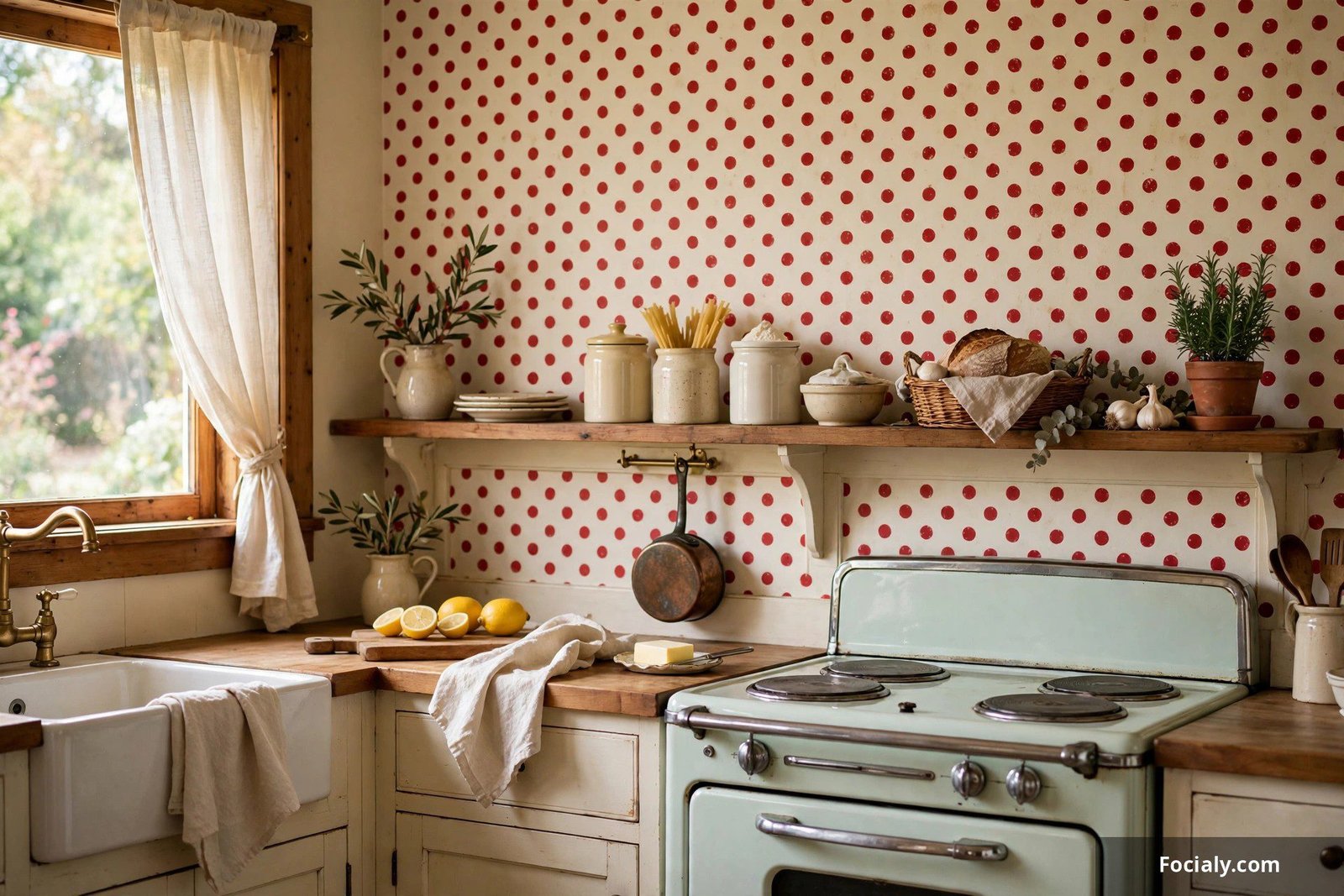 Retro kitchen wall with red and cream polka dot wallpaper