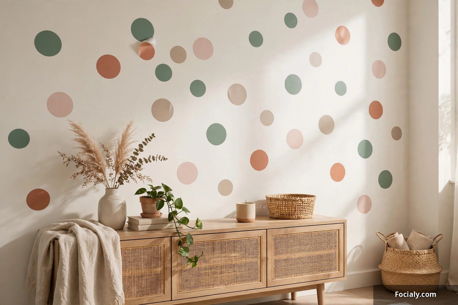 Apartment wall with removable peel-and-stick polka dot wall decals