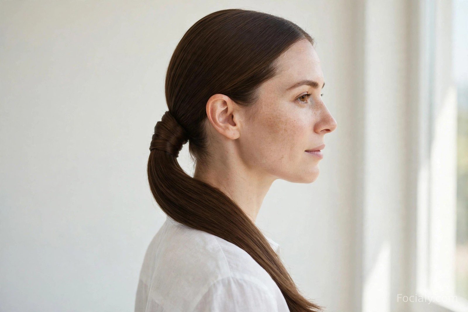 Low ponytail with the base wrapped in a strand of hair