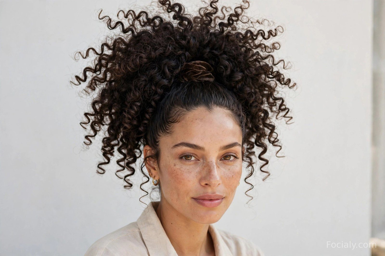 Voluminous curly high ponytail with bouncy ringlets