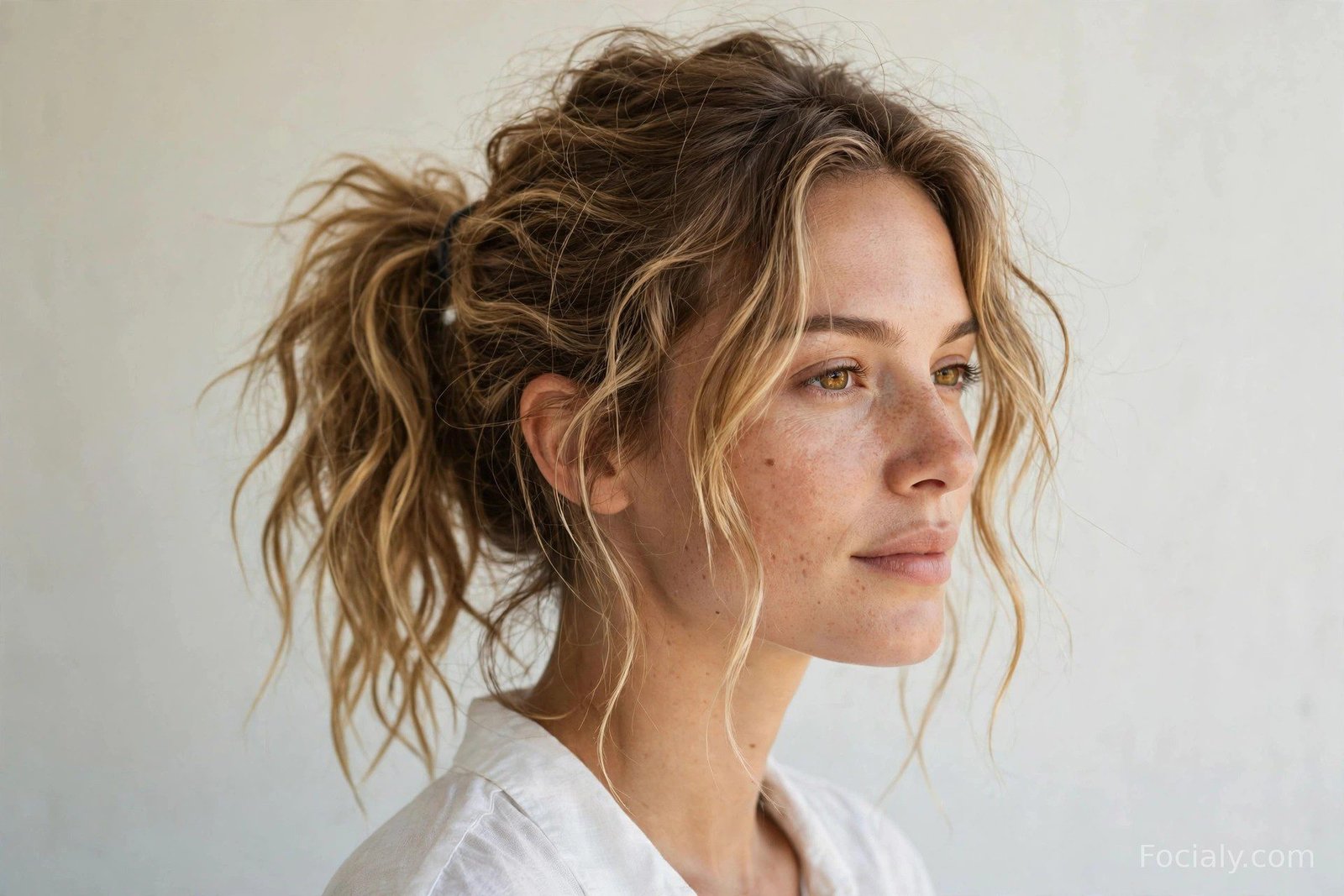 Messy textured ponytail with beachy waves and loose strands
