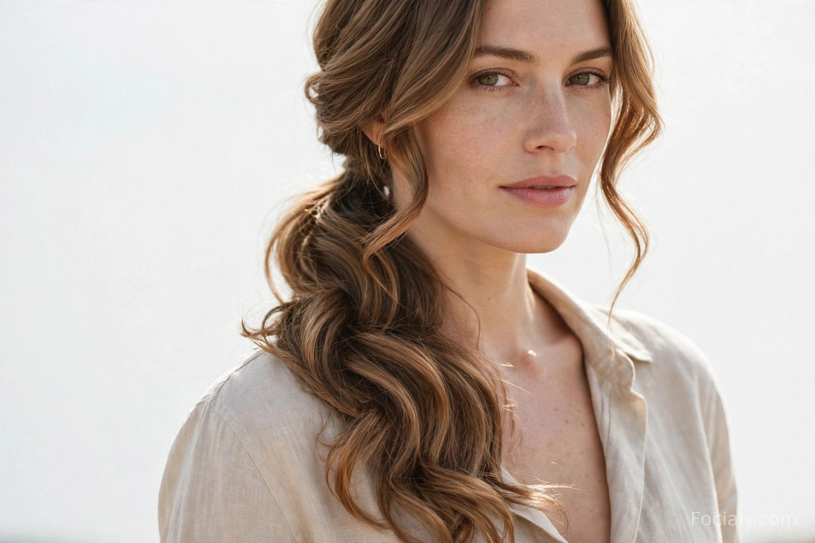 Side-swept low ponytail draped over one shoulder