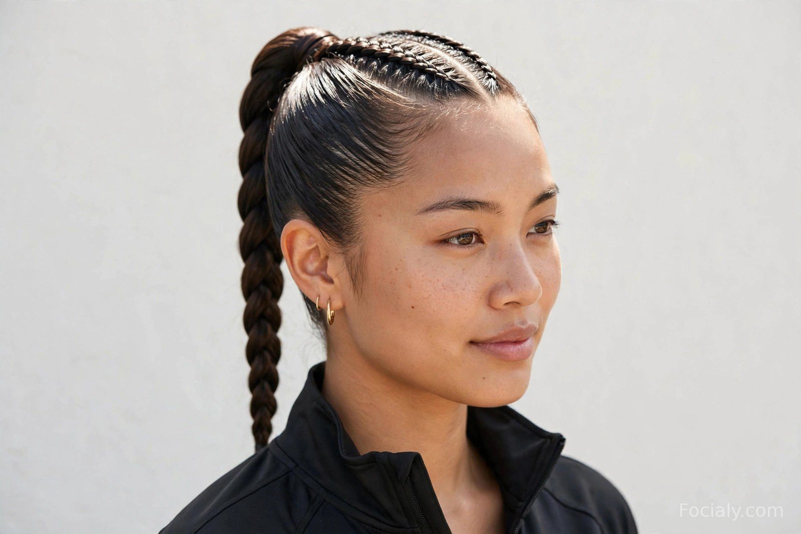Braided high ponytail with a neat braid along the crown