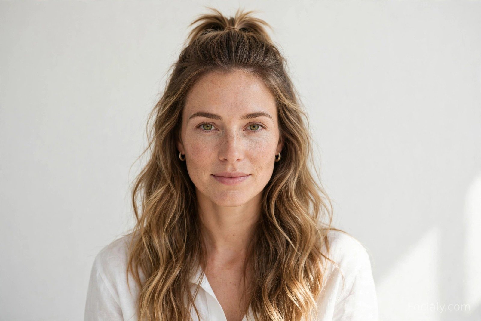 Half-up ponytail with long loose waves flowing over the shoulders