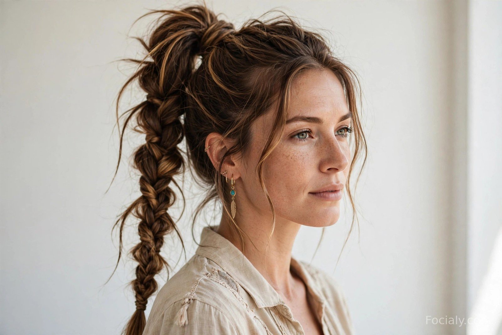 Fishtail braid ponytail with boho texture