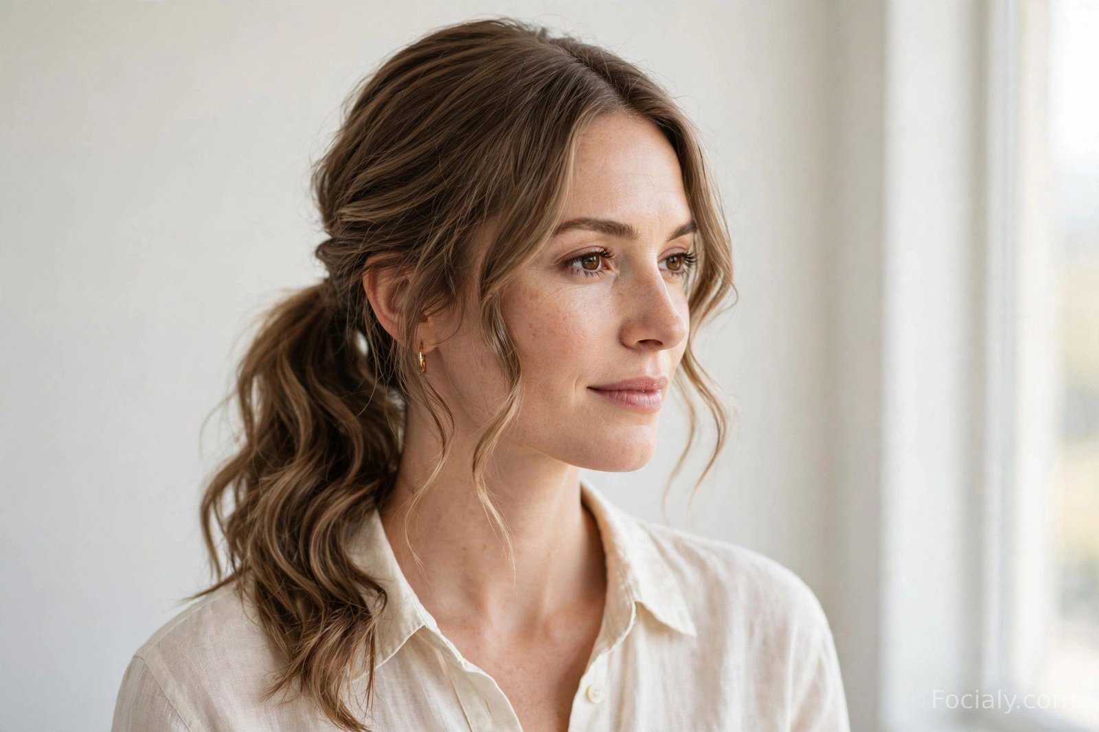 Soft wavy low ponytail with a middle part