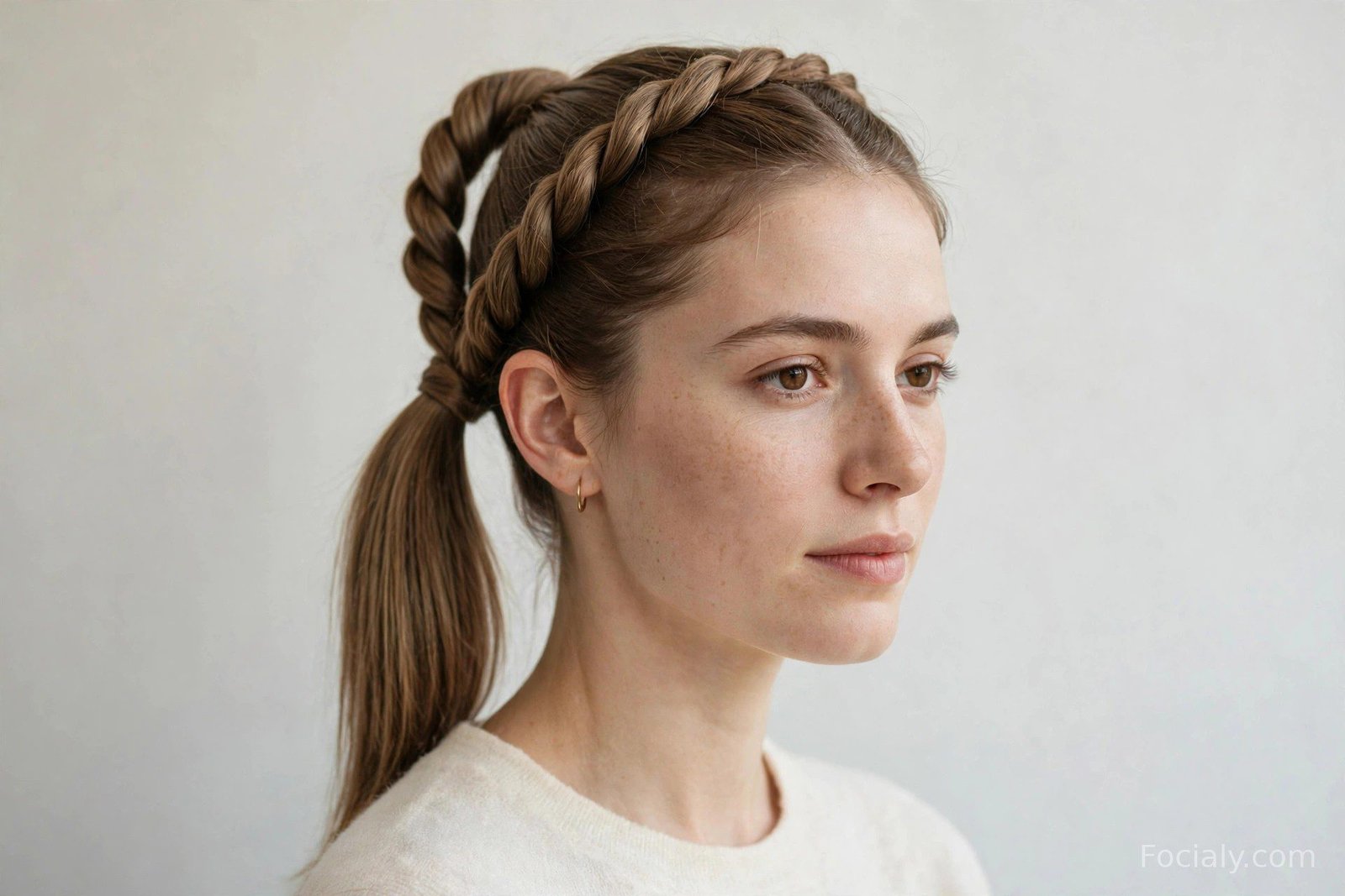 Twisted ponytail with rope-like strands meeting at mid height