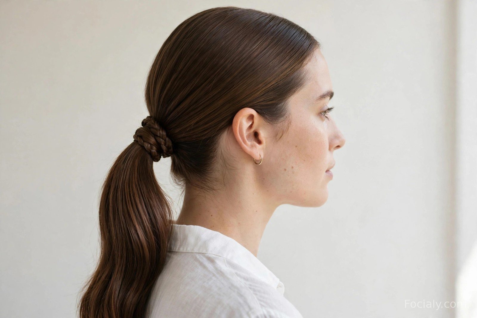 Low ponytail with a thin braid wrapped around the base