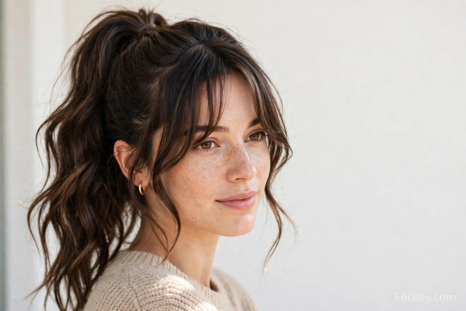 High ponytail paired with soft curtain bangs