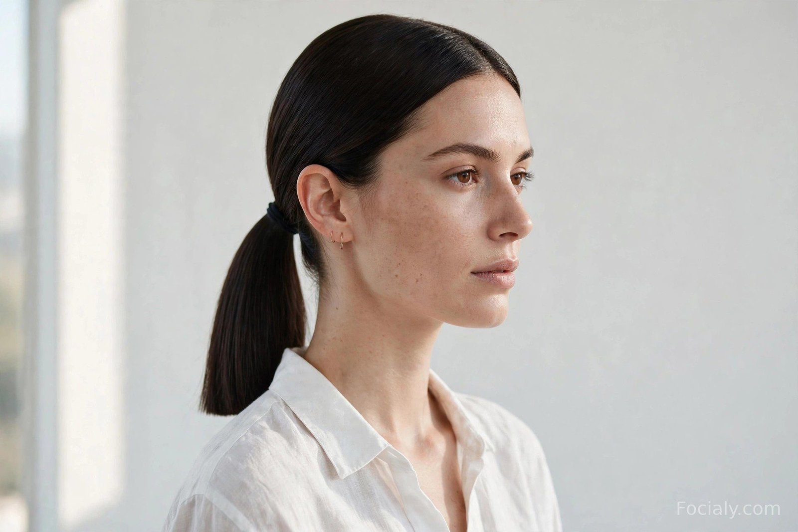 Blunt straight ponytail on medium-length hair with clean ends
