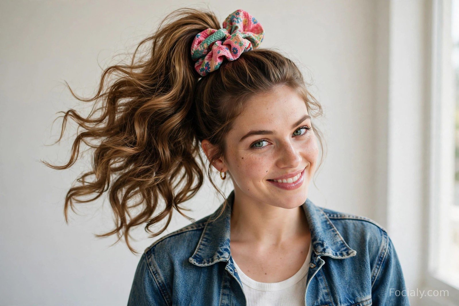 High retro ponytail with a colorful oversized scrunchie