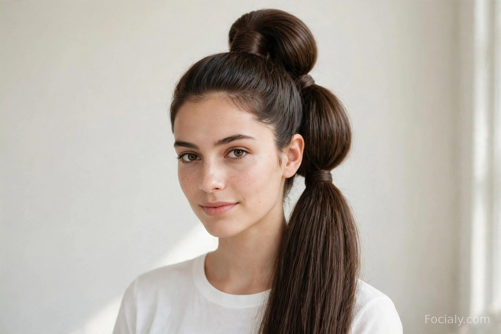 Stacked double ponytail creating an extra-long voluminous look