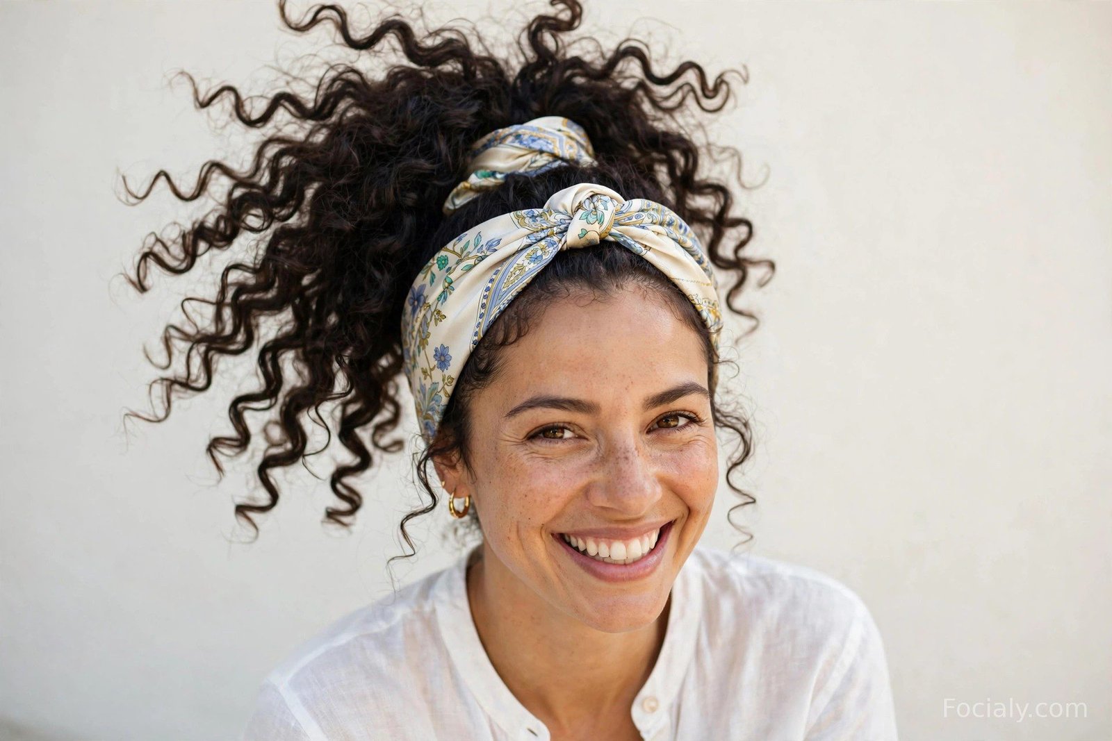 Curly high ponytail with a printed silk headscarf at the hairline