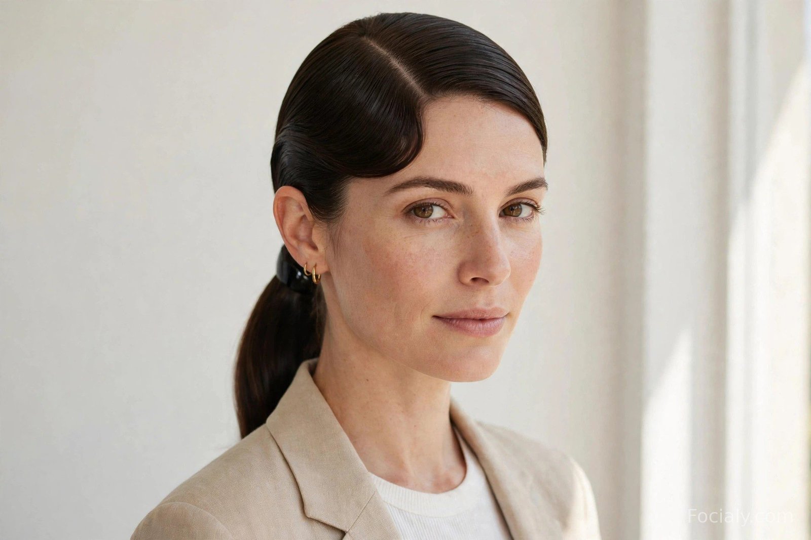 Sleek deep side-part low ponytail behind the ear