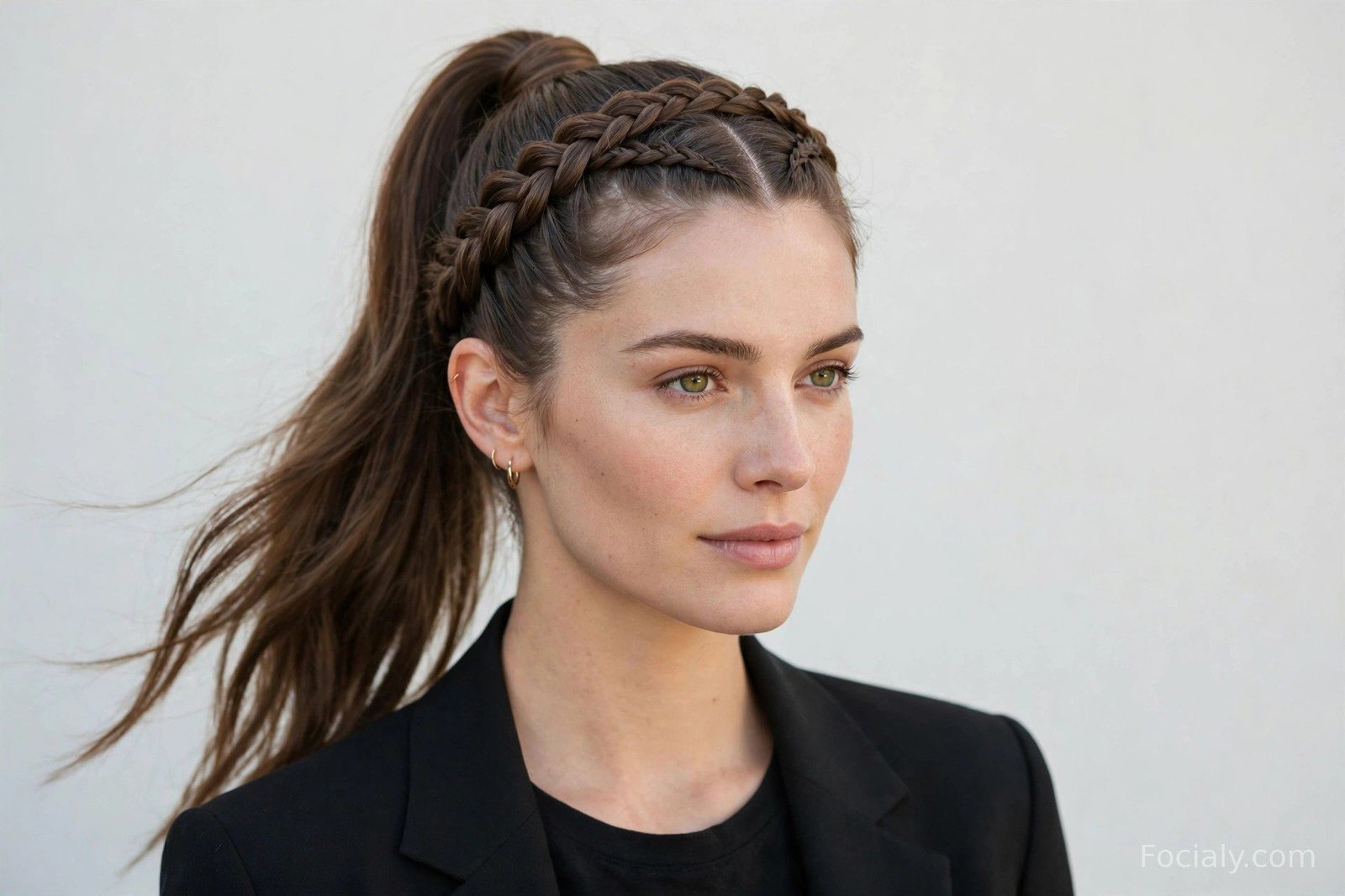 Braided crown flowing into a high ponytail