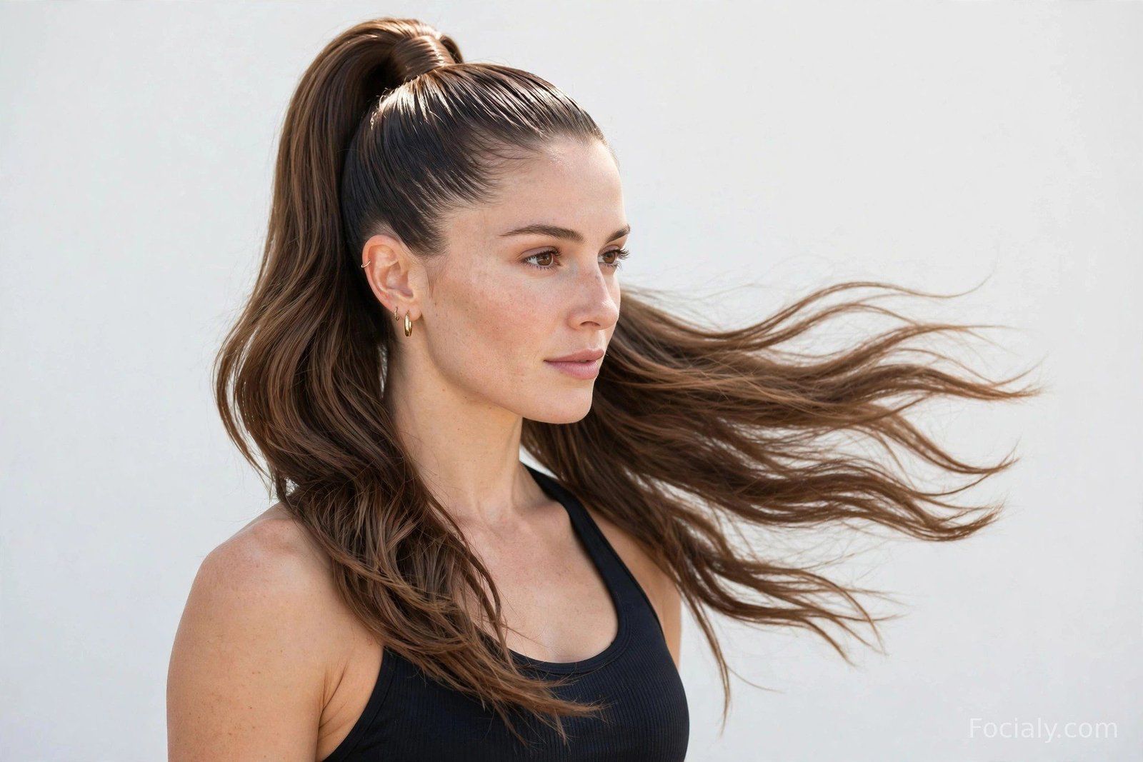 Sporty high gym ponytail with smooth sides and swingy lengths