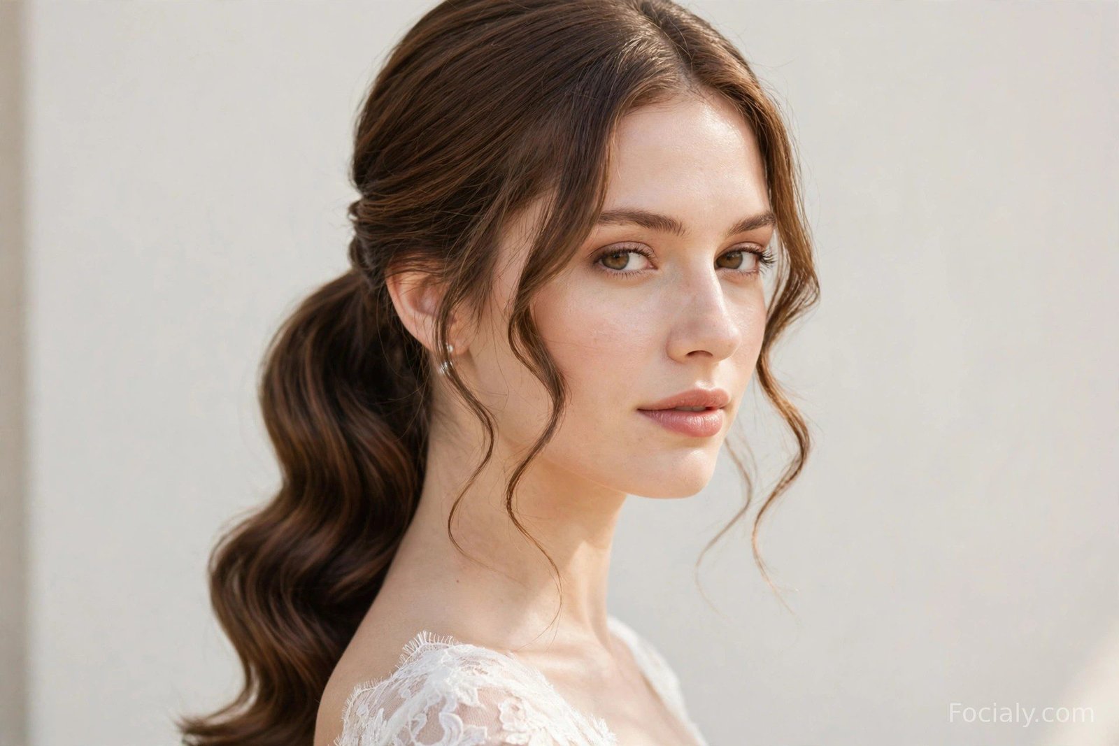 Elegant bridal low ponytail with soft tendrils and glossy waves
