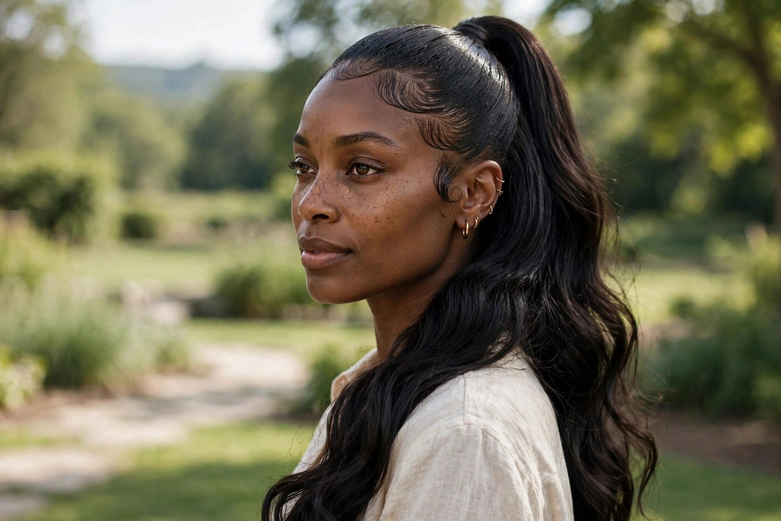 Half-up half-down quick weave ponytail with sleek laid edges