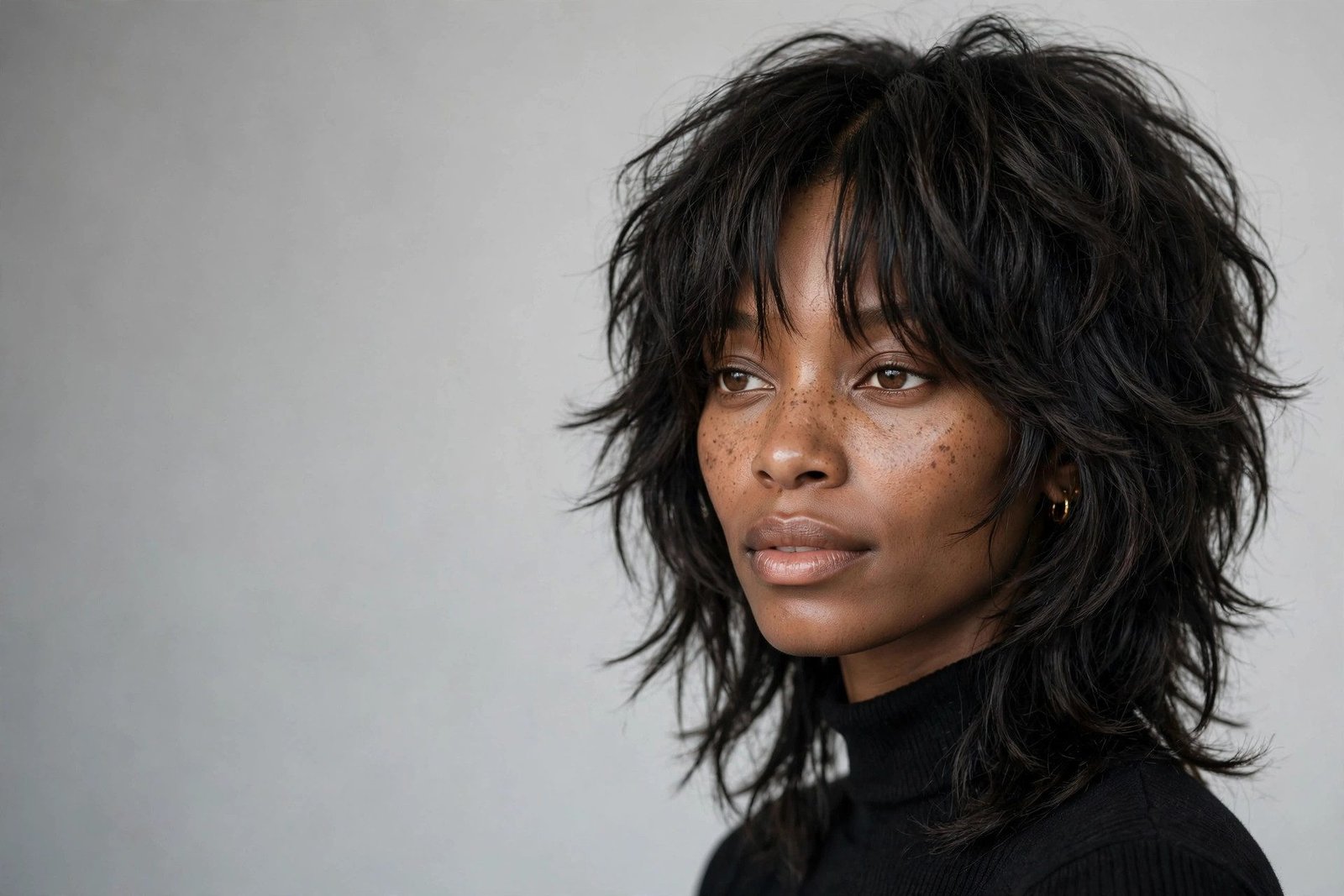 Layered shag quick weave with curtain bangs and face-framing pieces