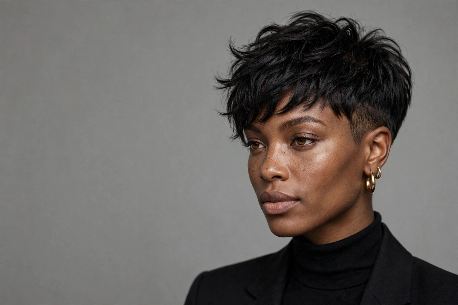 Textured pixie cut quick weave with tapered sides and piecey top