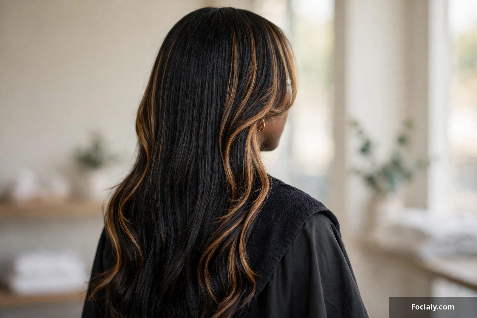 Dark quick weave with caramel face-framing highlights
