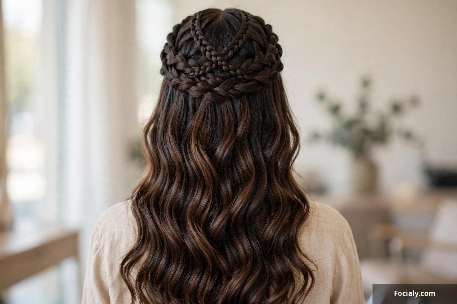 Quick weave with braided crown and long flowing waves behind