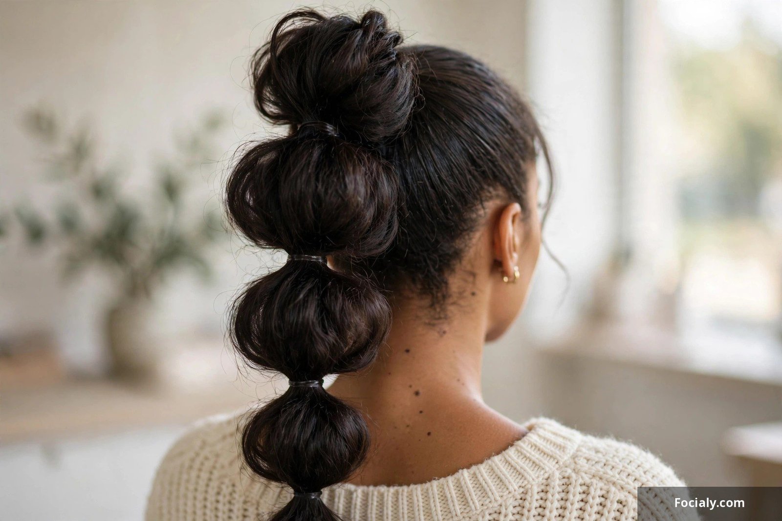 Bubble ponytail quick weave with playful segmented sections