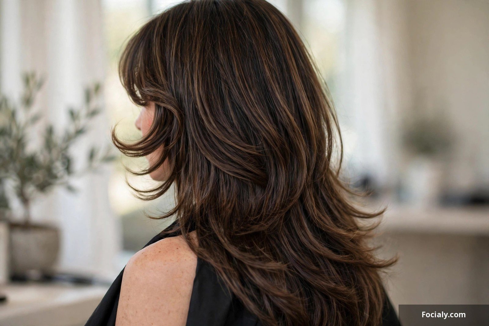 Long layered quick weave with 70s-style curtain bangs