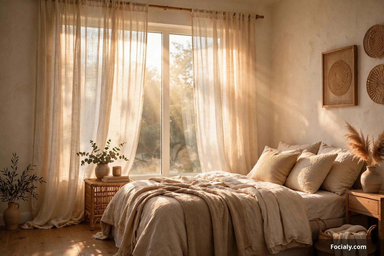 Sheer linen curtains letting warm sunlight into a cozy decorated bedroom