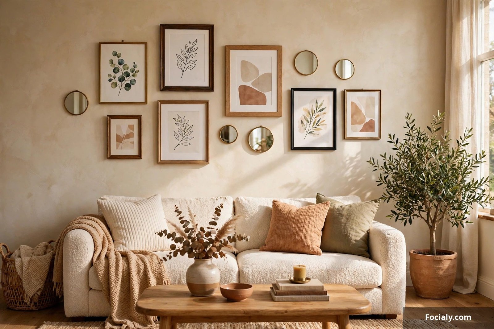 Gallery wall with mismatched picture frames and art prints in a stylish room