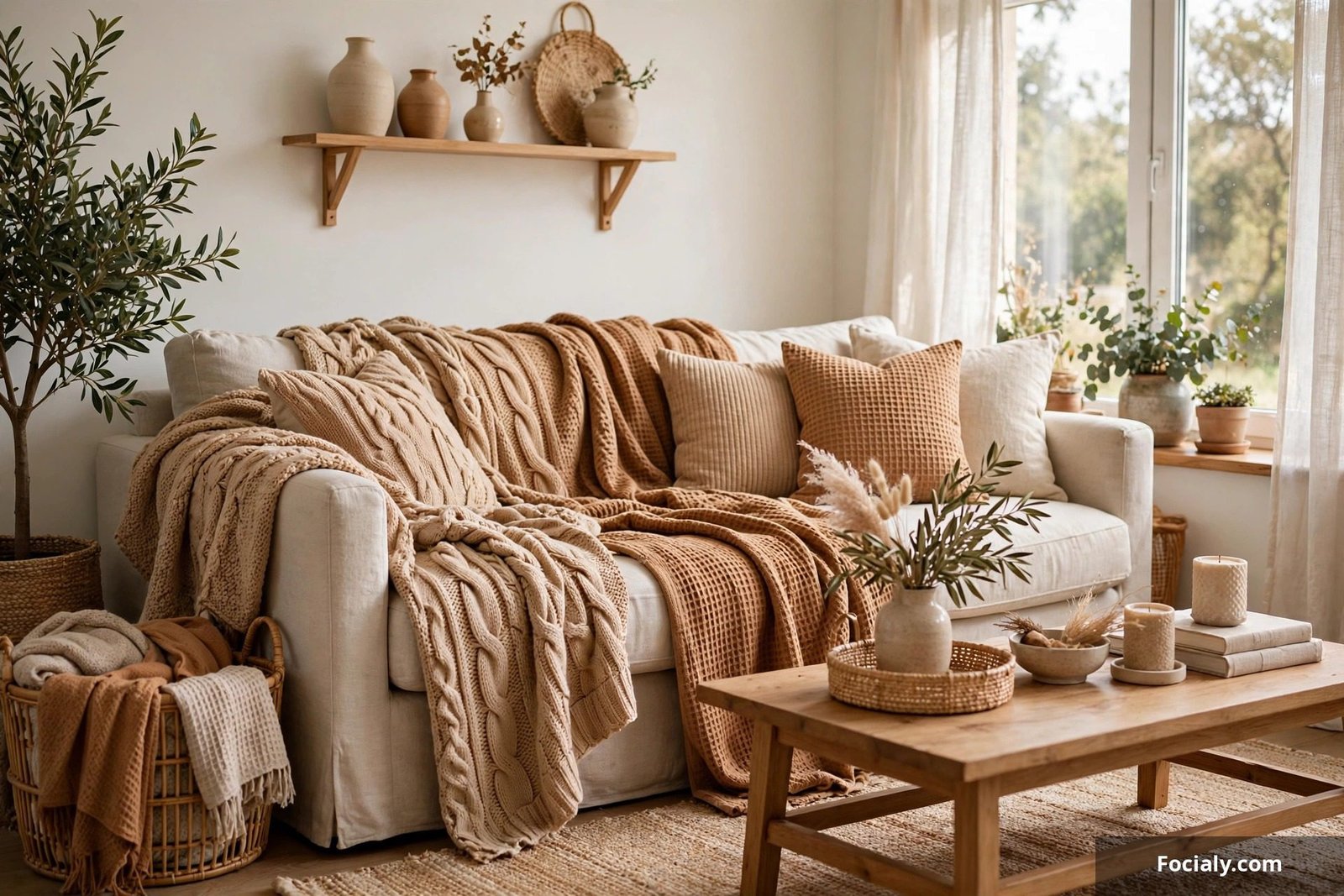 Sofa layered with cozy textured throw blankets in warm tones