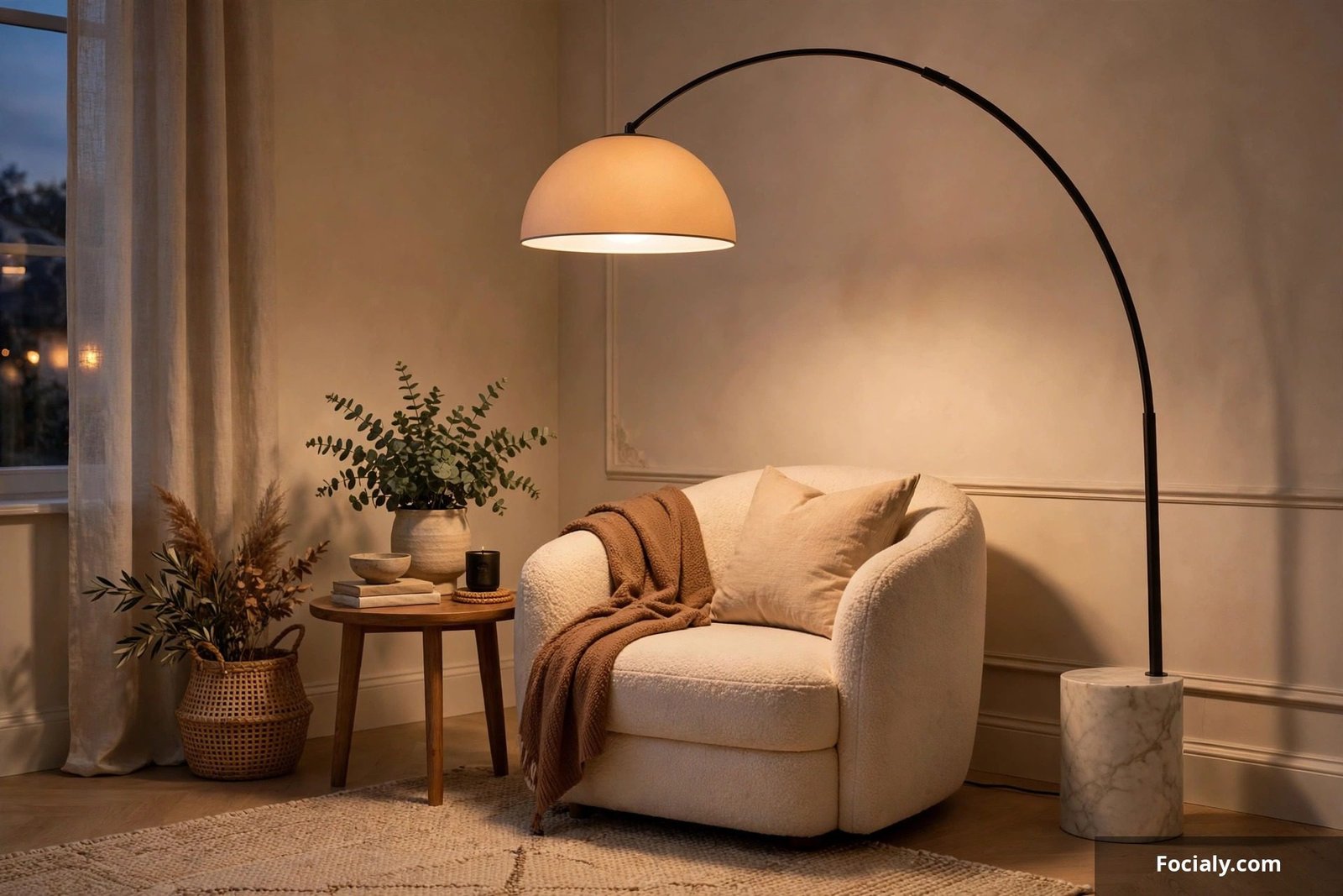 Elegant arc floor lamp over a cozy armchair in a decorated living room