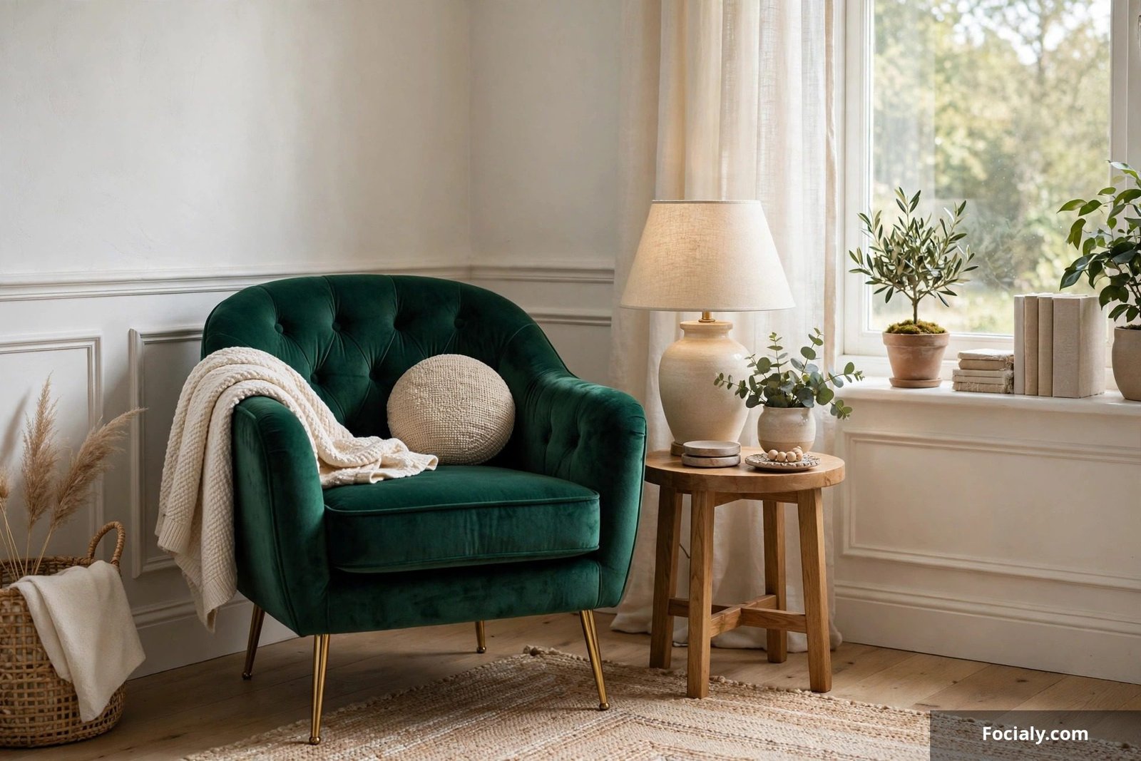 Emerald green velvet accent chair in a beautifully decorated room corner