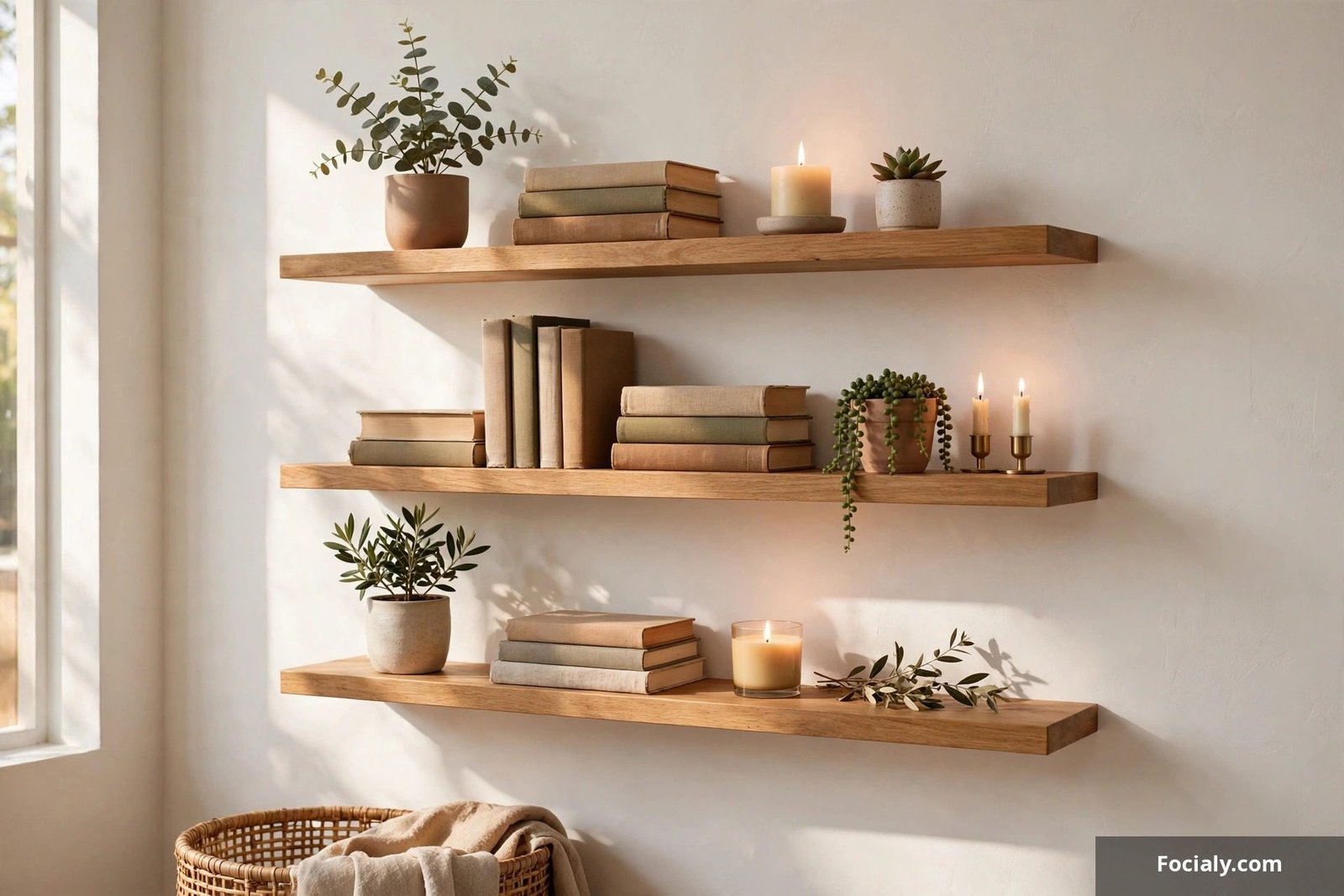 Floating wooden shelves styled with plants, books, and candles on a wall