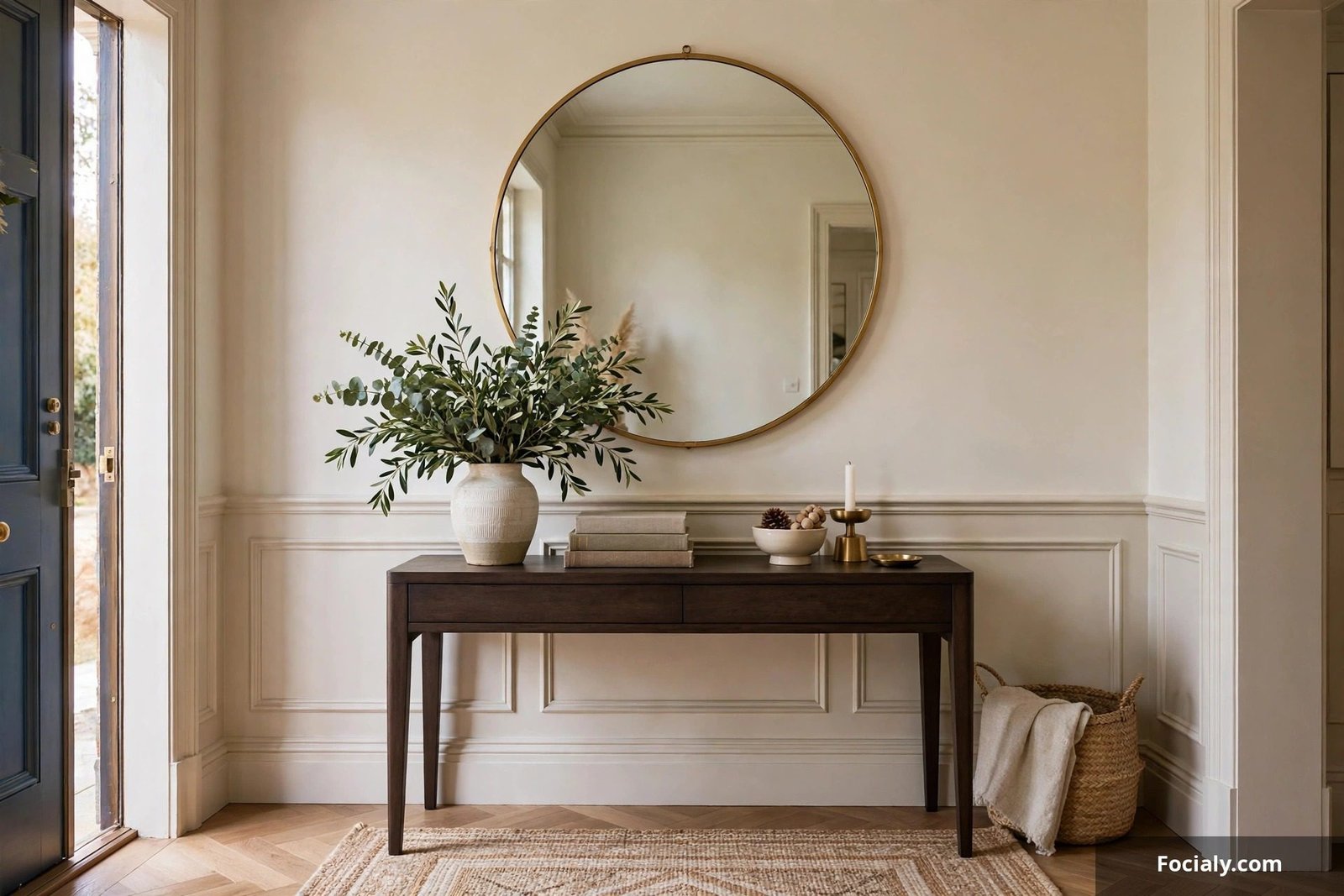 Large round mirror with thin brass frame hanging above a decorated console table