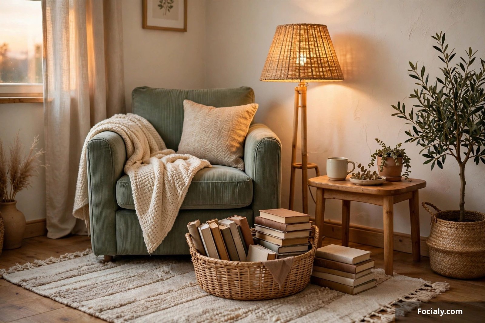 Cozy reading nook with armchair, floor lamp, and books in a room corner
