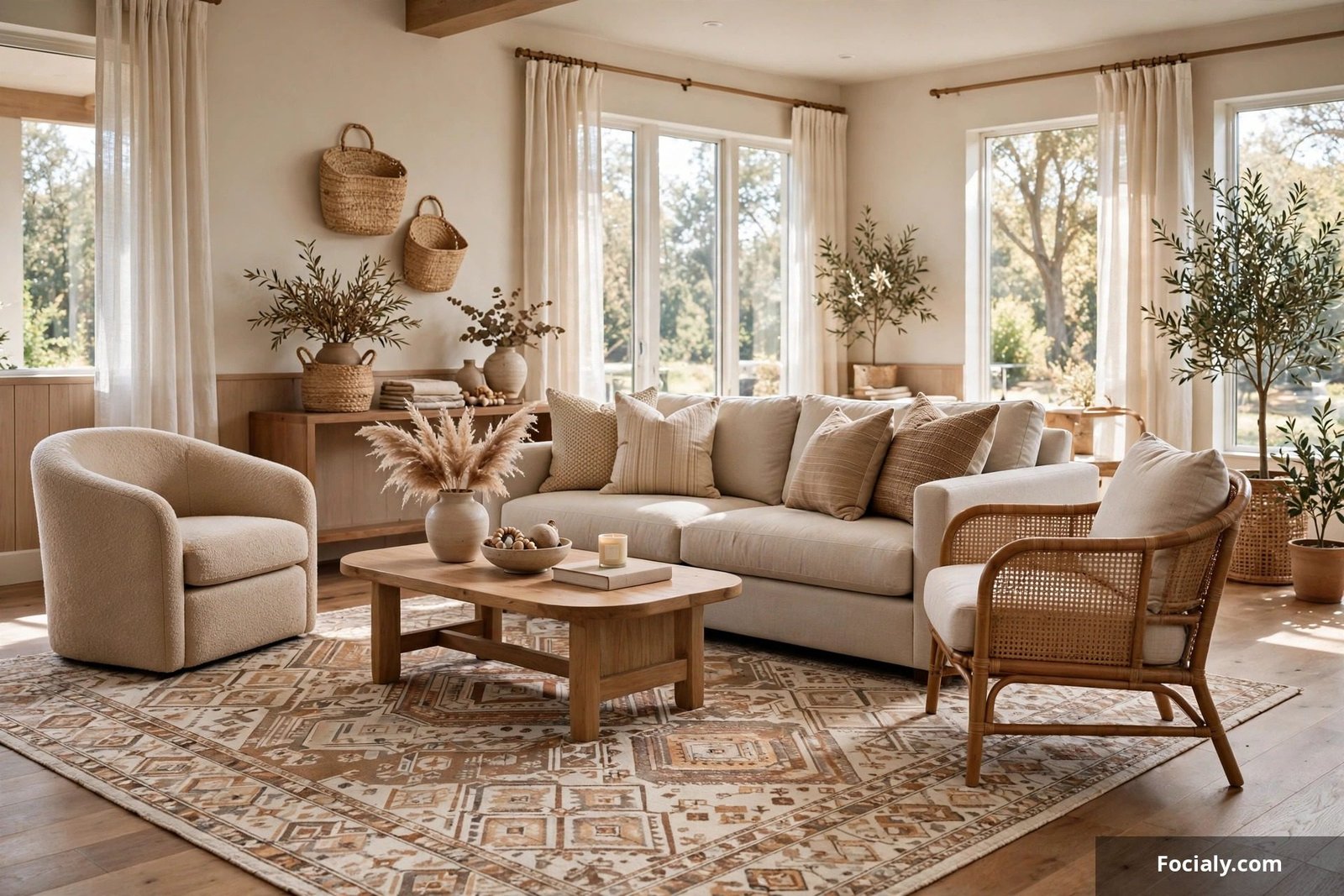 Stylish living room with a large patterned area rug anchoring the furniture