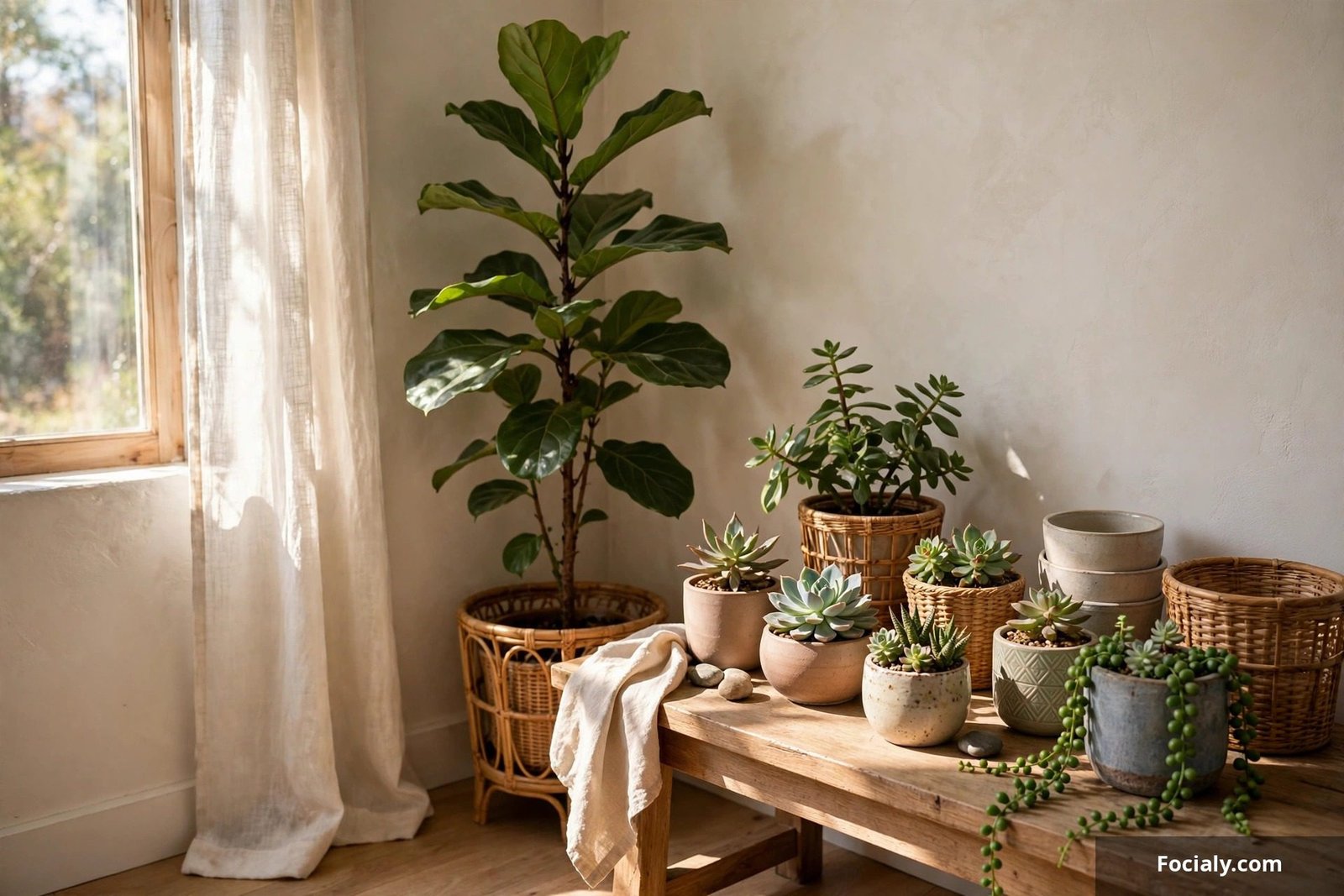 Collection of indoor plants in decorative pots brightening a room corner