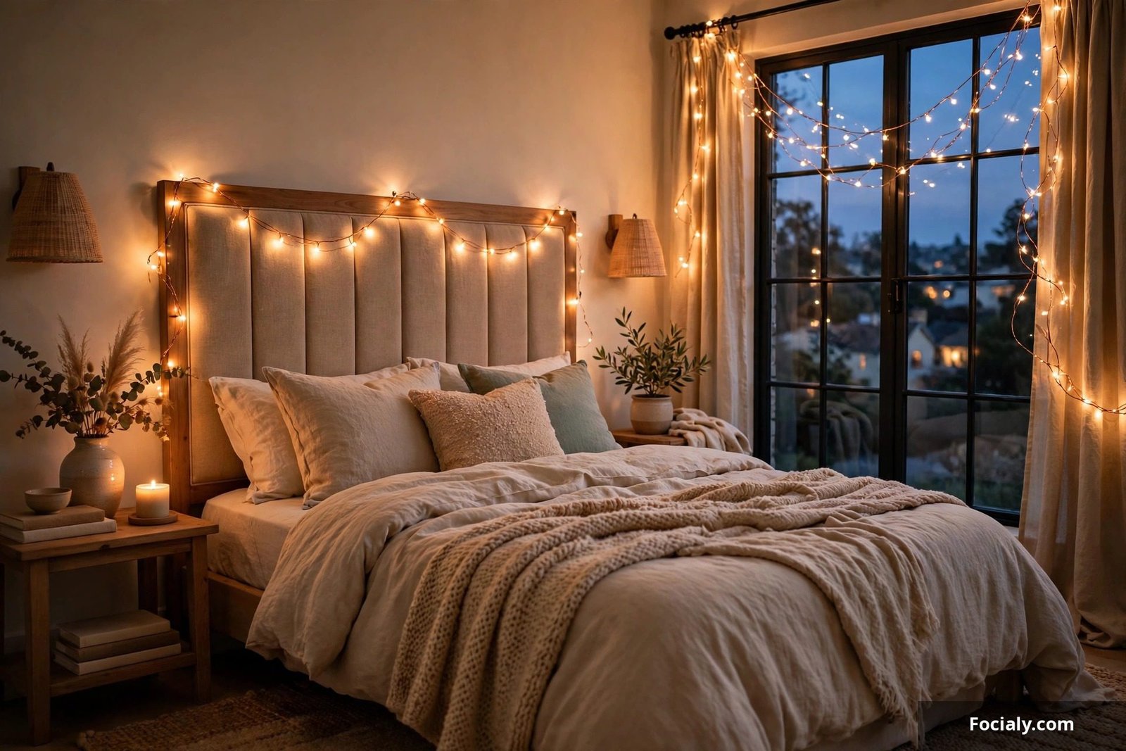 Warm string lights draped around a bedroom headboard and window