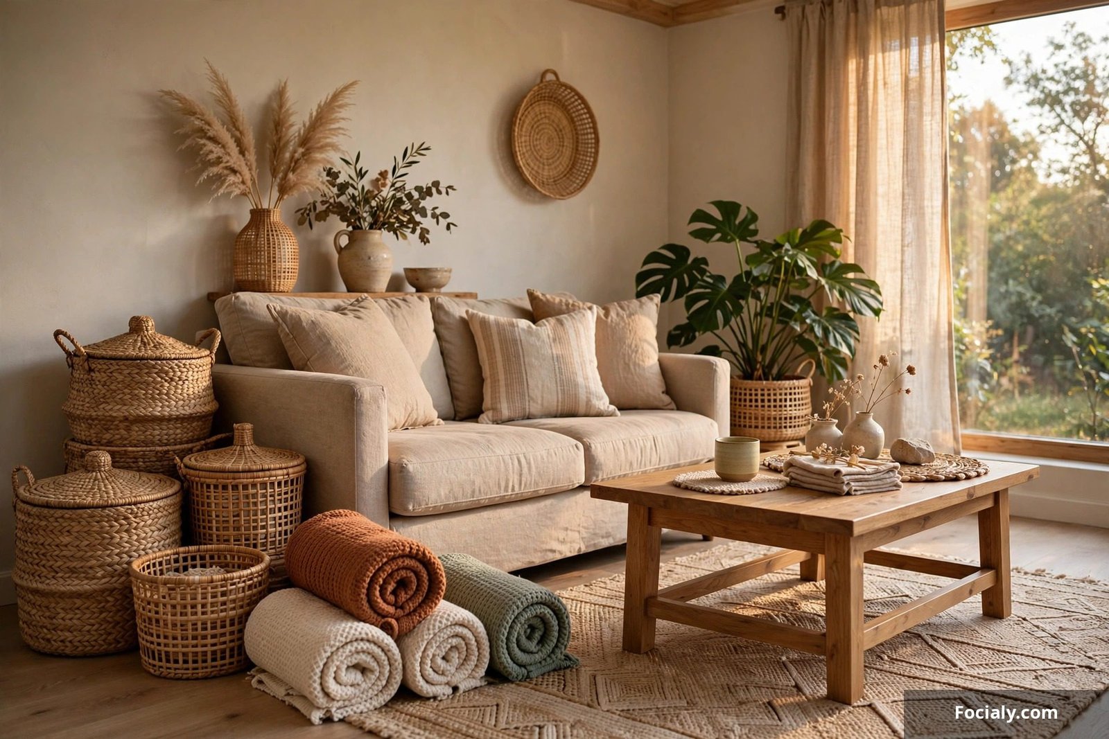 Woven seagrass baskets used as stylish storage in a decorated room
