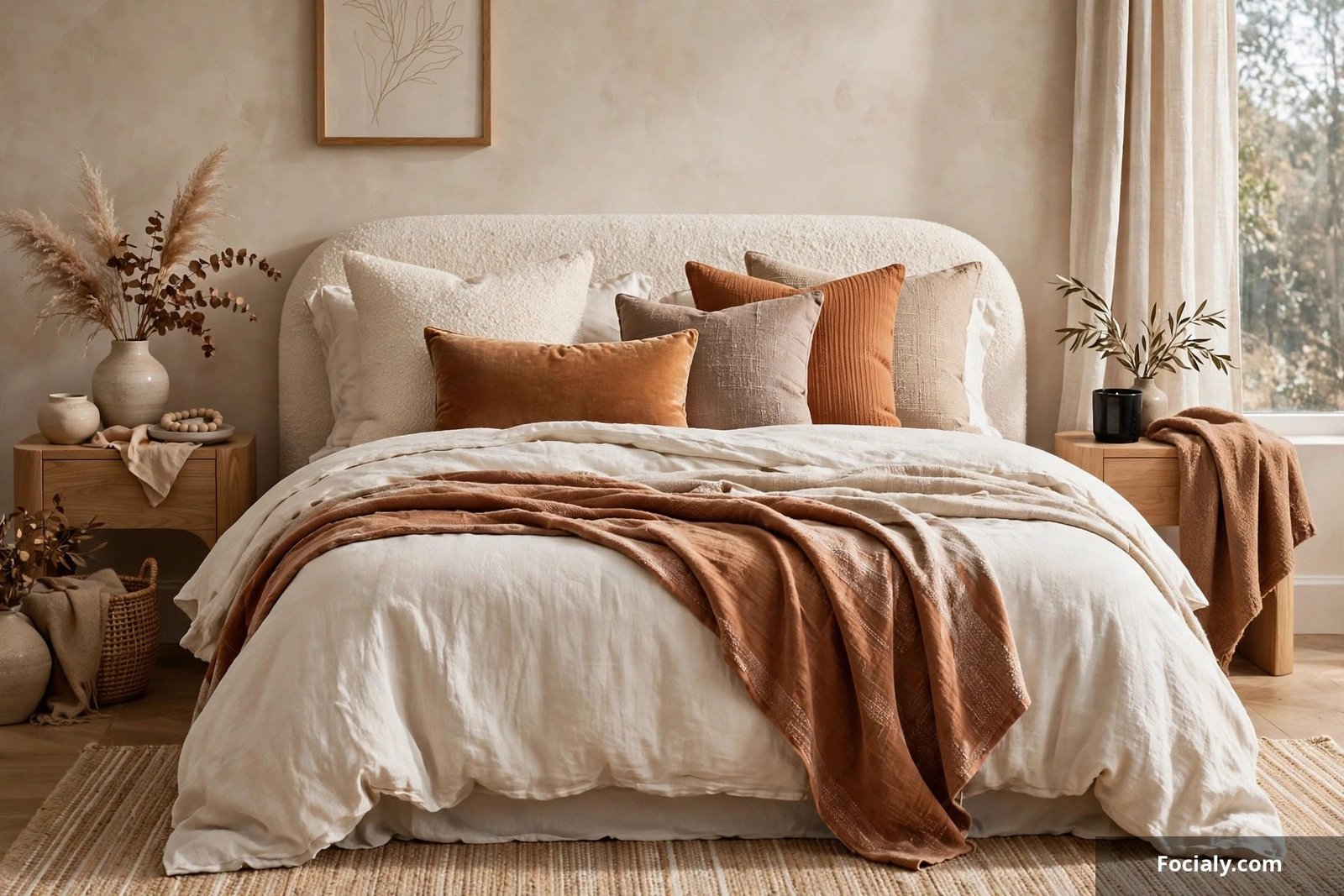 Bed styled with a mix of textured throw pillows in neutral and warm tones