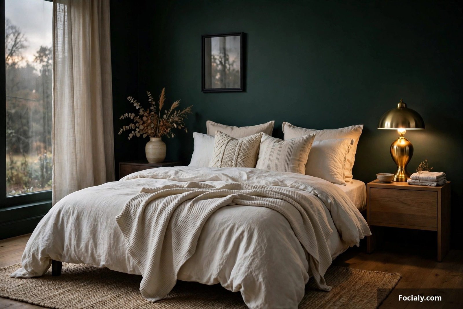 Bedroom with a moody deep green accent wall behind the bed