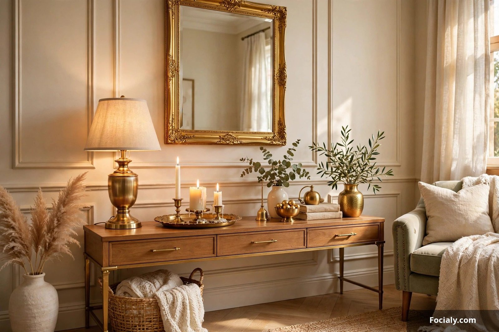 Room decorated with brass and gold accent pieces like lamp, mirror, and tray