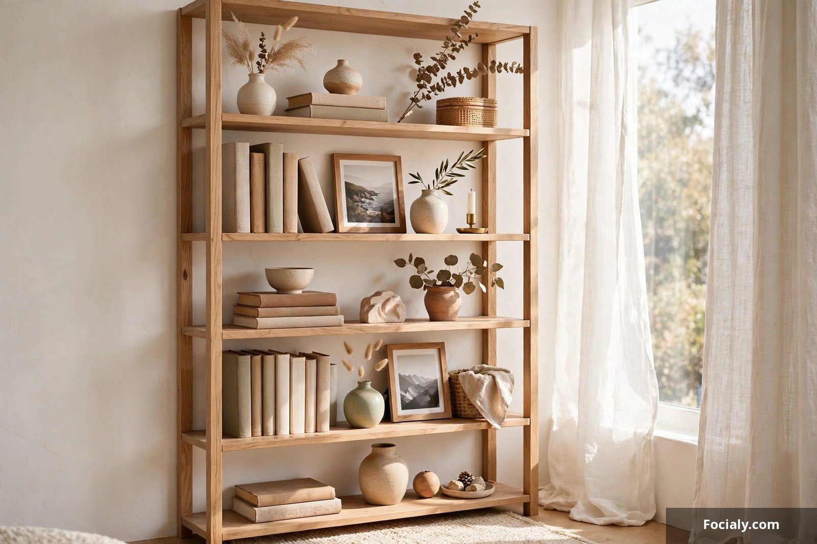 Open bookshelf styled with books, vases, and personal decor objects