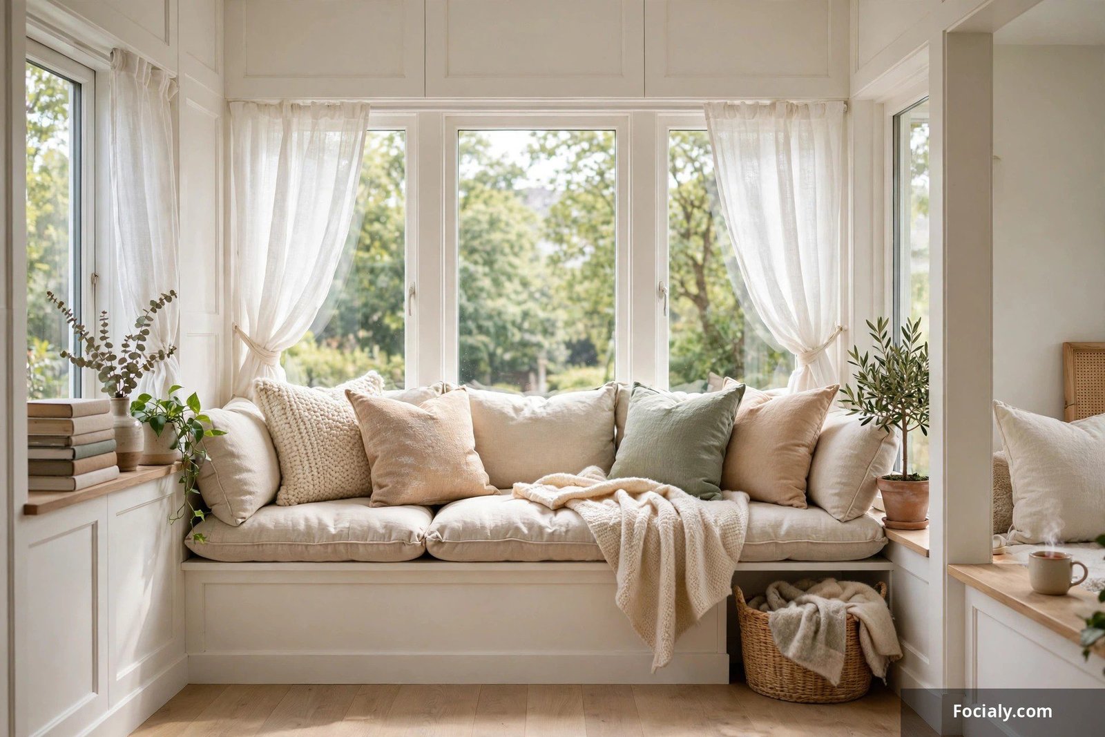 Cozy window seat with plump cushions and pillows in natural light