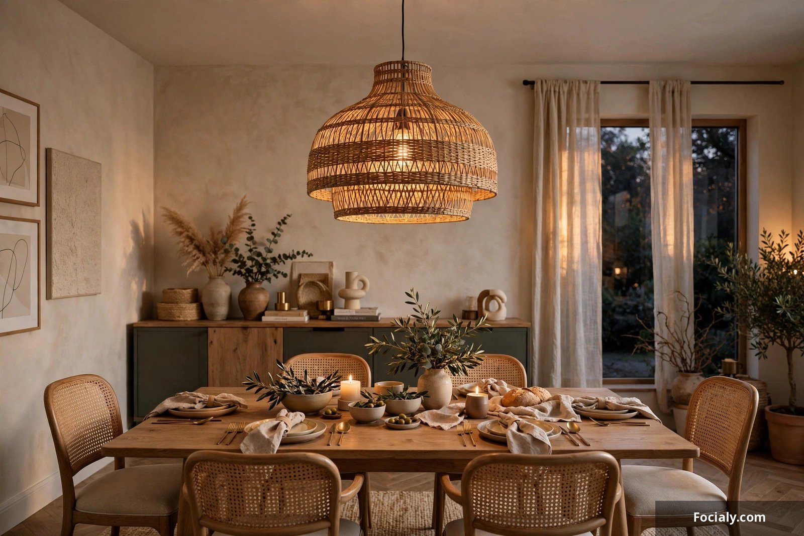 Statement rattan pendant light hanging in a stylish decorated dining room