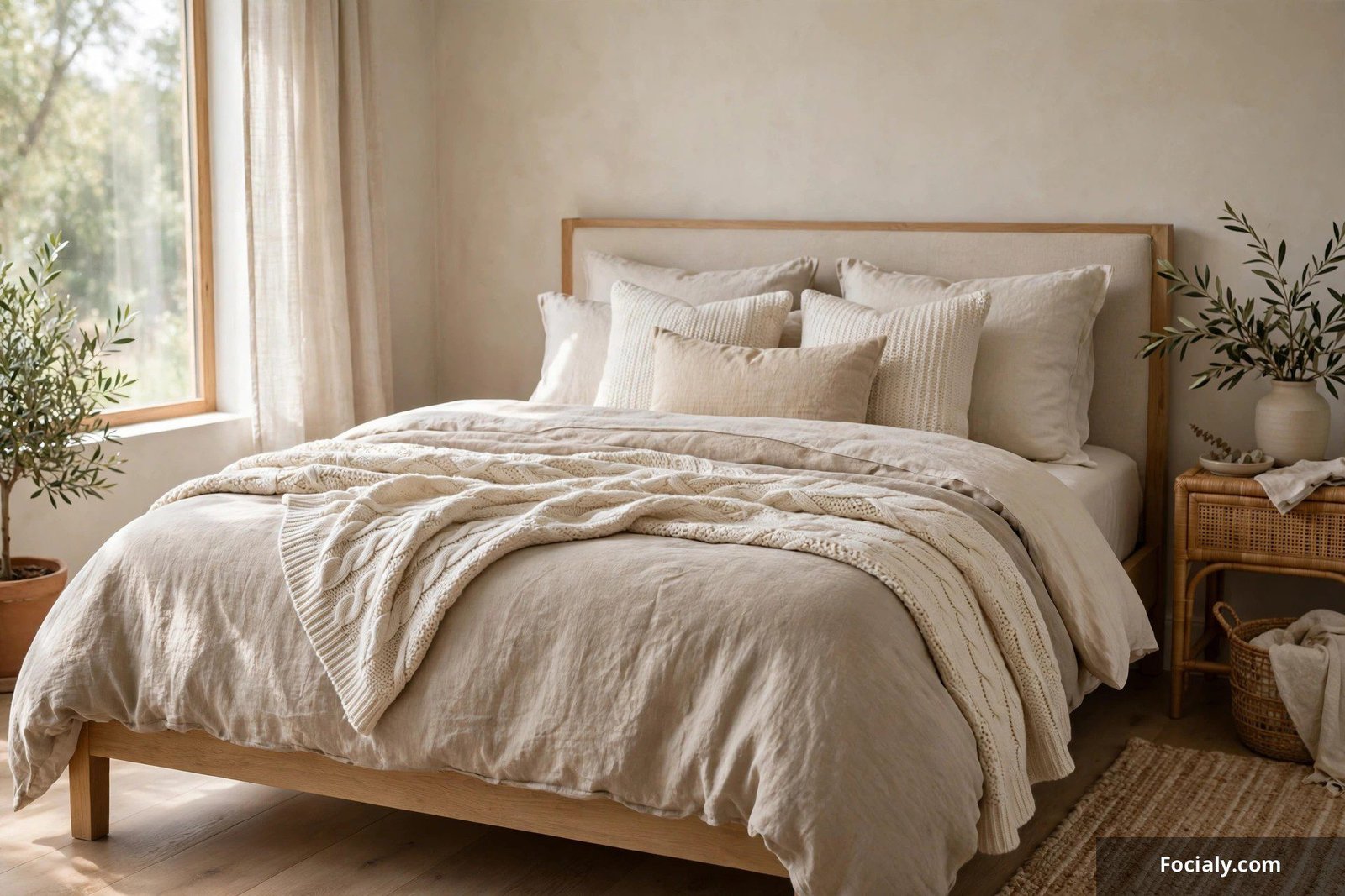 Bed with neutral layered bedding in linen, knit, and cotton textures
