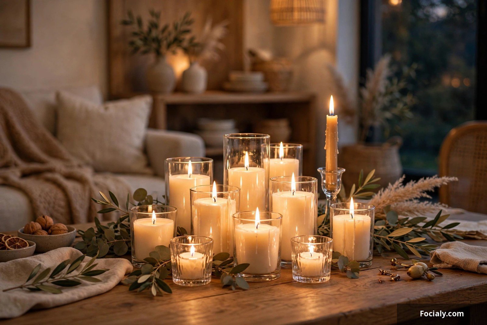 Cluster of lit candles in glass holders creating warm ambience on a table